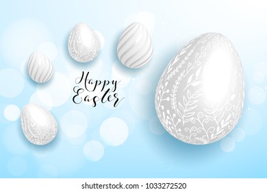 Happy Easter yellow,blue background with colorful egg, confetti and ribbon. Egg hunt for children template layout. Vector illustration. Easter. Sale template.