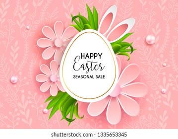 Happy Easter yellow,blue background with colorful egg, confetti and ribbon. Egg hunt for children template layout. Vector illustration. Easter. Sale template.