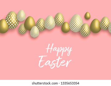 Happy Easter yellow,blue background with colorful egg, confetti and ribbon. Egg hunt for children template layout. Vector illustration. Easter. Sale template.