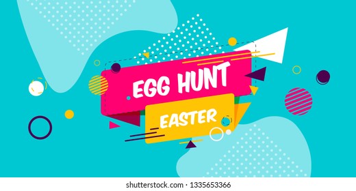 Happy Easter yellow,blue background with colorful egg, confetti and ribbon. Egg hunt for children template layout. Vector illustration. Easter. Sale template.