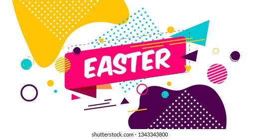 Happy Easter yellow,blue background with colorful egg, confetti and ribbon. Egg hunt for children template layout. Vector illustration. Easter. Sale, menu template.