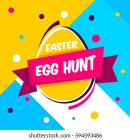 Happy Easter Yellow,blue Background With Colorful Egg, Confetti And Ribbon. Egg Hunt For Children Template Layout. Vector Illustration. Easter. Sale Tempalte.