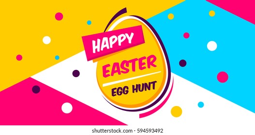 Happy Easter yellow,blue background with colorful egg, confetti and ribbon. Egg hunt for children template layout. Vector illustration. Easter. Sale tempalte.