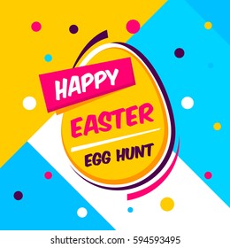 Happy Easter yellow,blue background with colorful egg, confetti and ribbon. Egg hunt for children template layout. Vector illustration. Easter. Sale tempalte.