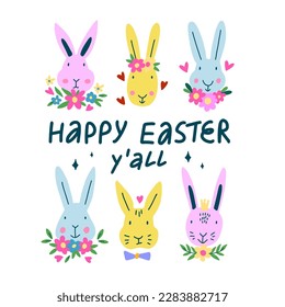 Happy Easter you all greeting card with cute Rabbit and flowers.