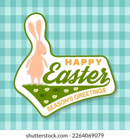 Happy Easter to you card, sticker, patch. Vector illustration. Typography design with rabbit and hand eggs. Modern minimal style. Easter Egg Hunt. Spring holiday.