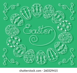 Happy Easter to you! Nice vector frame with easter eggs and shadows on green background.