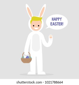 Happy easter. Young character wearing a white bunny costume and holding a basket with dyed eggs. Holidays. Flat editable vector illustration, clip art. Culture and celebrations.