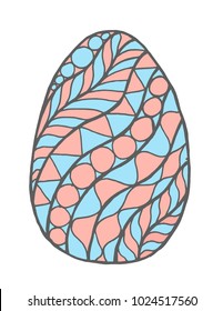 Happy Easter zentangle egg decorated with ornament, design doodle element for adult antistress coloring pages, books, greeting postcard. Vector holidays illustration.