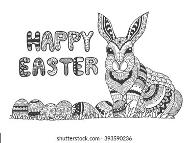 Happy Easter zentangle letters with zentangle bunny and eggs design for banner, card, coloring book and design element - stock vector