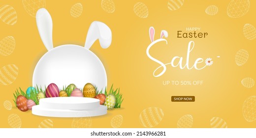 Happy Easter.3D eggs with defferents texture elements and colorful.Podium and rabbit.