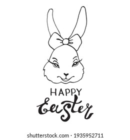Happy Easter-an inscription and a simple contour drawing of the face of a cute rabbit girl in the style of doodles. Template for greeting card, invitation, poster, holiday coloring pages