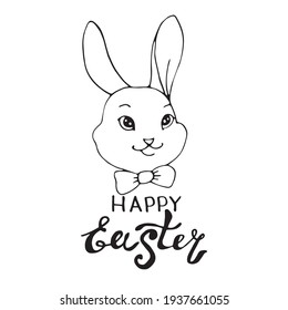 Happy Easter-an inscription and a simple contour drawing of the face of a cute rabbit in the style of doodles. Vector template for greeting card, invitation, poster, holiday coloring pages