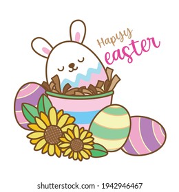 Frohe Ostereier in Eimer. Frühlingsferien. Vektorgrafik.