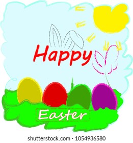 Happy Easter.Colorful eggs with bunny ears,grass and sunny day.Sun.Blue sky.Love Holiday.