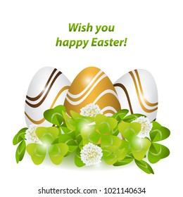 Happy Easter.Colorful, strips patterned eggs in the green grass,clover,shamrock and flowers. Space for text. Isolated.Template vector greeting card with realistic eggs.Spring holiday illustration