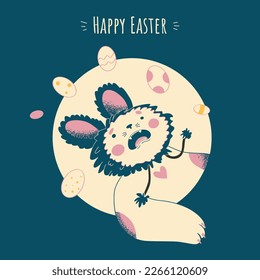 Happy Easter.Cute,funny cat rabbit.Cat with rabbit ears and easter eggs.Postcard,print,banner bunny,hare.vector