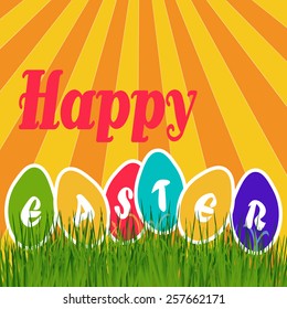 Happy Easter,Easter eggs in the meadow and rainbow glow
