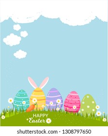 Happy Easter,Easter theme with ears of bunny , colorful eggs in grass ,flowers, nature background with cloud, illustration.
