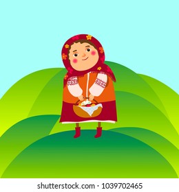 Happy Easter.Girl  with a basket with Easter cakes and eggs.Vector illustration.