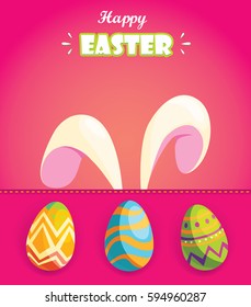 Happy Easter.Greeting card with eggs and rabbit ears.Spring holiday.Vector cute pet.Illustration.Easter eggs. 