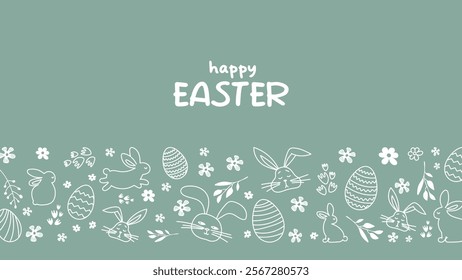 Happy Easter.Greeting card on the theme of the religious holiday. Horizontal banner with hand drawn bunnies,Easter eggs and flowers.Can be used for poster,invitation and preview.green background