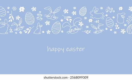 Happy Easter.Greeting card on the theme of the religious holiday. Horizontal banner with hand drawn bunnies, Easter eggs and flowers. Can be used for poster, invitation and preview.lavender background