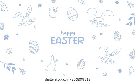 Happy Easter.Greeting card on the theme of the religious holiday. Horizontal banner with hand drawn bunnies,Easter eggs and flowers.Can be used for poster,invitation and preview.White background