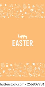 Happy Easter.Greeting card on the theme of the religious holiday. Vertical banner with hand drawn bunnies,Easter eggs and flowers.Can be used for poster,invitation and preview.Orange background