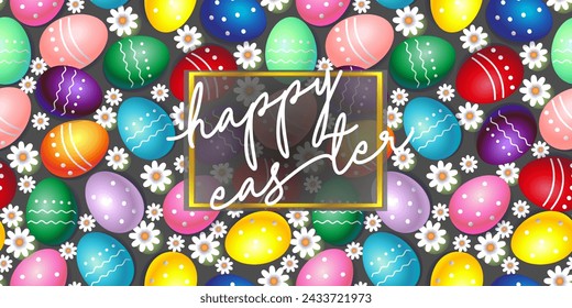 Happy Easter.Lettering Plaque on Realistic Easter Eggs Background.Easter Poster, Booklet, Greeting Card for Website, Cover Design.