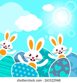 Happy Eastern background with white bunny and Easter eggs