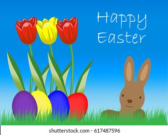 Happy Eastern Bunny with Eggs and Tulip on grassland