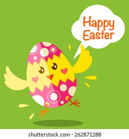 Happy Eastern greeting card with cute chick in broken Easter egg and speech bubble