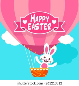 Happy Eastern greeting card with white bunny in hot air balloon