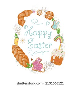 Happy easter.Pastry elements around egg form,traditional baking,sweet easter bread and braid,cakes, painted eggs and spring decoration.Vector flat illustration