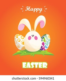 Happy Easter.Rabbit disguised as an egg. Bright eggs on a glade. Vector.Happy easter eggs