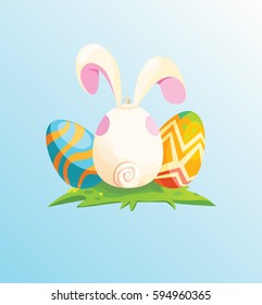 Happy Easter.Rabbit disguised as an egg. Bright eggs on a glade. Spring holiday.Vector cute pet.Illustration.Greeting card.Vector