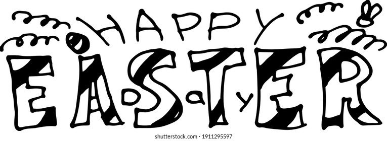 Happy easters day black lettering isolated, hand drawning, with head rabbit and egg