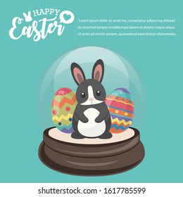 Happy Easter's Day, Black Rabbit In Snowglobe Give Colourful Eggs And Gifts With Green Background. Vector Illustration Greeting Card, Ad, Promotion, Poster, Flyer, Banner, Web-banner, Article