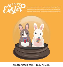 Feliz Día de Pascua, Conejo Marrón y Conejo Blanco en Snowworld dan coloridos huevos y regalos con fondo amarillo. Tarjeta de saludo de ilustración vectorial, anuncio, promoción, afiche, volante, banner, banner web, 