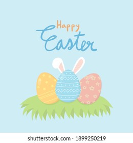 Happy Easter's Day, colorful fantasy eggs and cute rabbit party happiness in the garden, lettering on colourful flag decorated, vector illustration.