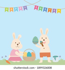 Happy Easter's Day, colorful fantasy eggs and cute rabbit party happiness in the garden, lettering on colourful flag decorated, vector illustration.