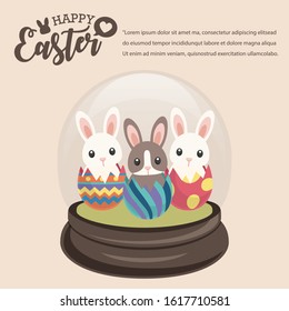 Happy Easter's Day, Ganster Rabbit in Snowglobe give colourful eggs and gifts with Cream background. Vector illustration greeting card, ad, promotion, poster, flyer, banner, web-banner, article