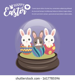 Happy Easter's Day, Ganster Rabbit in Snowglobe give colourful eggs and gifts with Violet background. Vector illustration greeting card, ad, promotion, poster, flyer, banner, web-banner, article