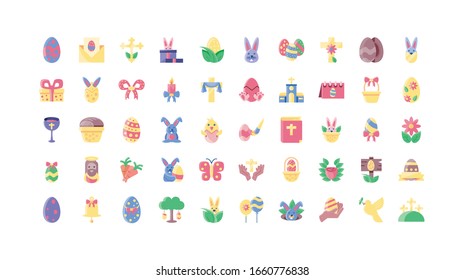 happy easters day icons set over white background, flat style and colorful design, vector illustration