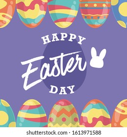 Happy Easter's Day, Lettering with Violet background decorated colourful eggs. Vector illustration greeting card, ad, promotion, poster, flyer, banner, web-banner, article