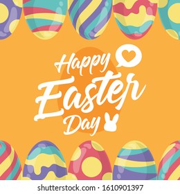 Happy Easter's Day, Lettering with Yellow background decorated colourful eggs. Vector illustration greeting card, ad, promotion, poster, flyer, banner, web-banner, article