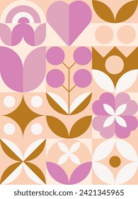 Happy Easter.Seamless Pattern. Modern geometric abstract style. Vector Easter illustrations. Easter eggs, flowers, shapes. Perfect for a poster, cover, or postcard.