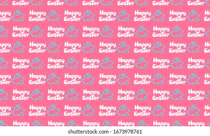 Happy Easter.Seamless vector pattern with white text and blue Bunny. Festive pink background for website, packaging and fabric. Template. Vector.