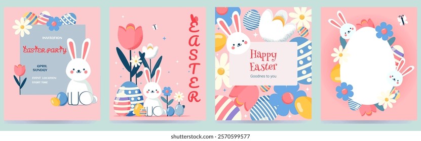 Happy Easter!Set of vector illustration with Easter bunny and Easter eggs and flowers. In gentle colors. Banner, poster, greeting card, invitation. In flat style.